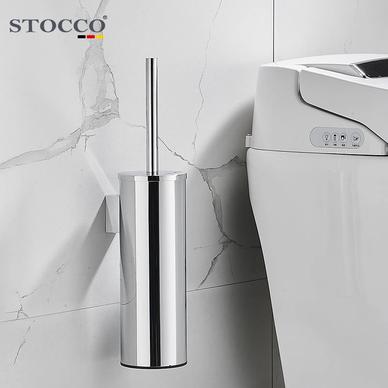 STOCCO Chrome Toilet Brush Holder Stainless Steel Cleaning Tool Durable Vertical Bathroom Toilet Brush Wall Mounted