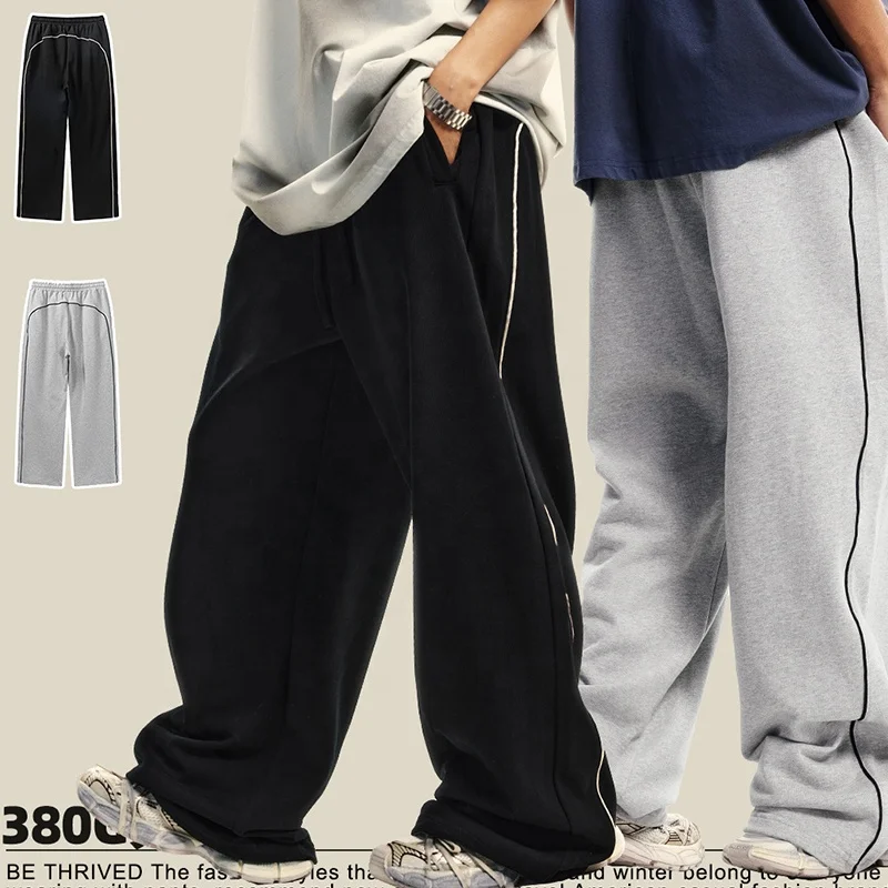 380GSM Heavyweight Loose Back with Contrasting Yarn-dyed Ribbon Design with Drawstring Elastic Belt Straight Leg Tracksuit Pants