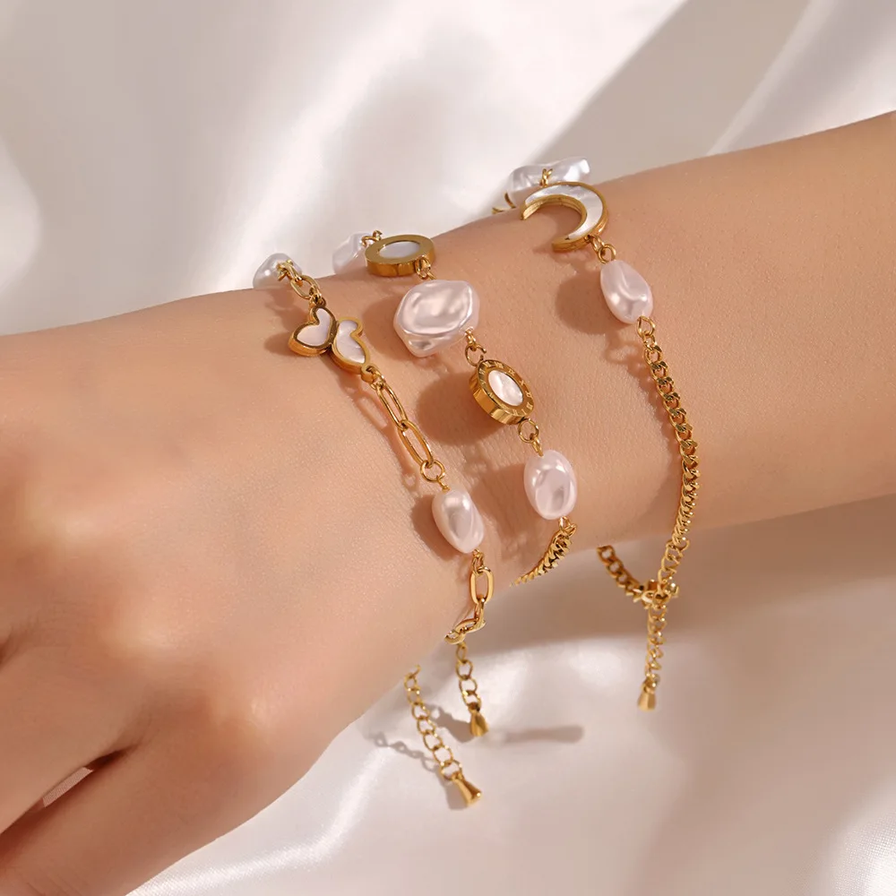 Ins Non Tarnish Gold Filled Shell Round Moon Bracelet Waterproof 316L Stainless Steel Freshwater Pearl Butterfly Chains Bracelet