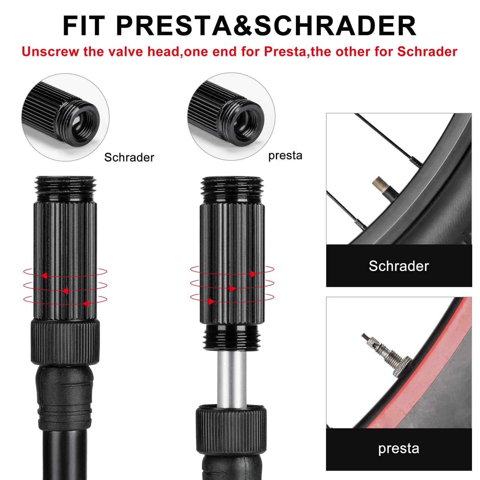 Portable Aluminium Bike Pump Compatible with Presta and Schrader Bicycle Air Hand Pump for Tire Inflation