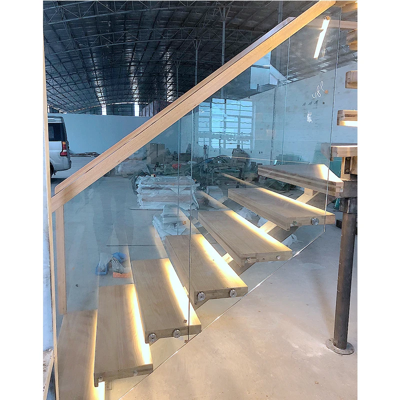 VIKO 2023 New Design Wood Tread Mono Stringer Staircase With LED Lights