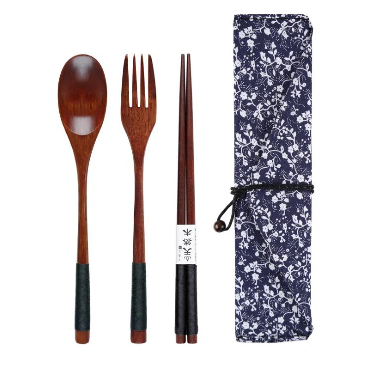 Лидер продаж amazon 2019, оптовая продажа, набор деревянных палочек, ложек, вилок, набор дорожных деревянных столовых приборов в японском стиле с сумкой из лески