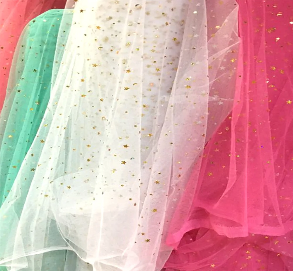 Hot selling wholesale high quality 50D 100% polyester printed fabric star mesh fabric Vietnam market wedding dress fabric