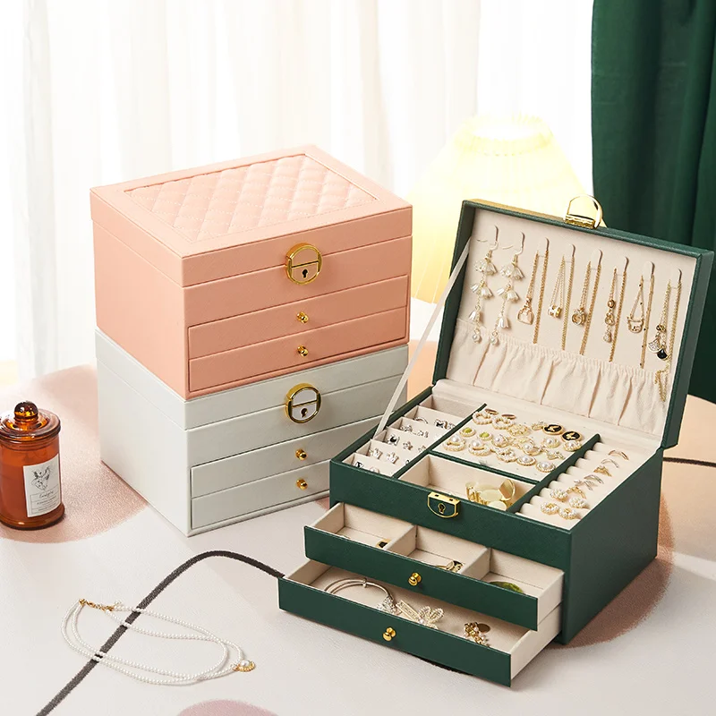 Wholesale Large Three Layer Drawer Pu Leather Earring Ring Stacker Jewelry Storage Box with Lock