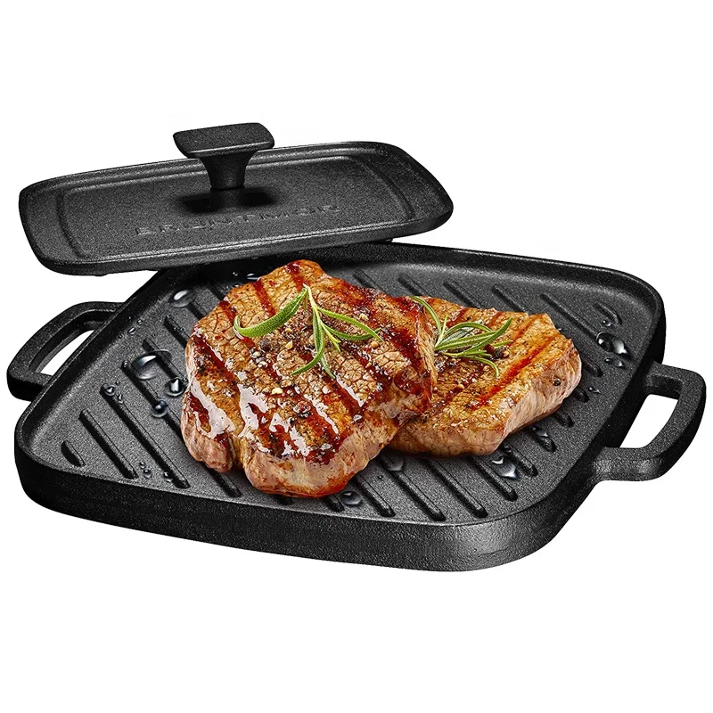 Professional manufacturer cast iron cookware set non stick BBQ grill pan with meat press