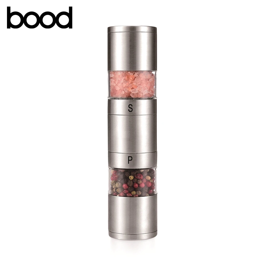 2-in-1 Dual Manual Salt and Pepper Mill Double-Ended Design with Metal Ceramic Plastic Materials Boxed Home Use Handle Style