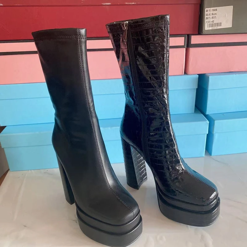 Winter Anti-cold High Toe Platform Boots Stone Print PU Patent Leather Square Toe Black High Heel Ankle Boots for Women Zip 43