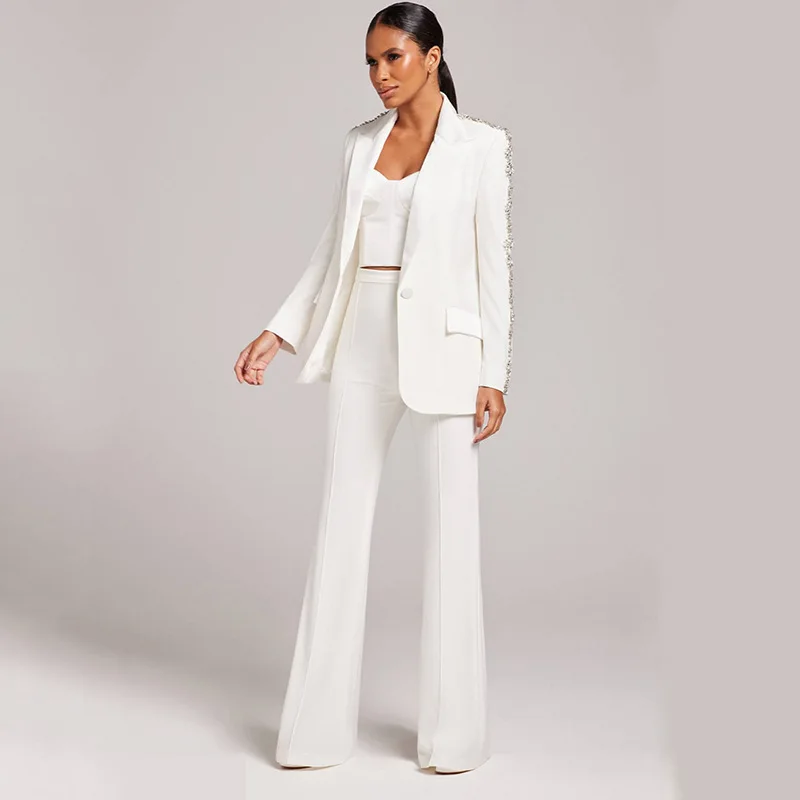 French Retro Style Women 2 Pieces Casual Rhinestone Blazer Suits White Single Button Notched Coats Straight Leg Pants Sets