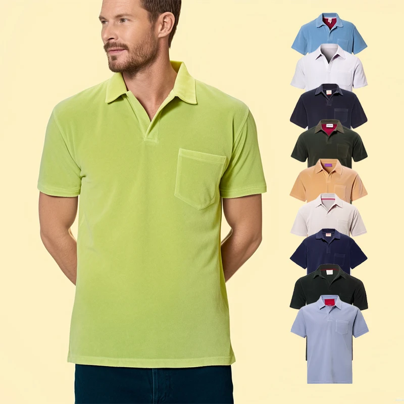 Men custom embroidery logo terry towelling polo shirt male 100% organic cotton terry cloth shirt terry towel shirt for men