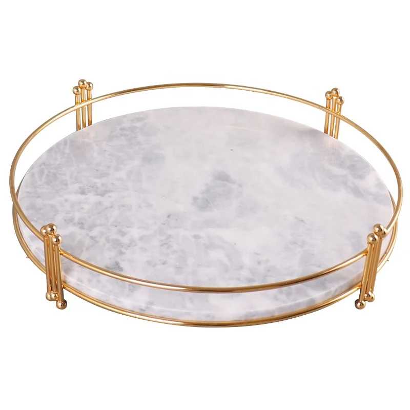 Pattern Round Decoration Natural Serving Luxury Marble Stone Tray With Metal Handle
