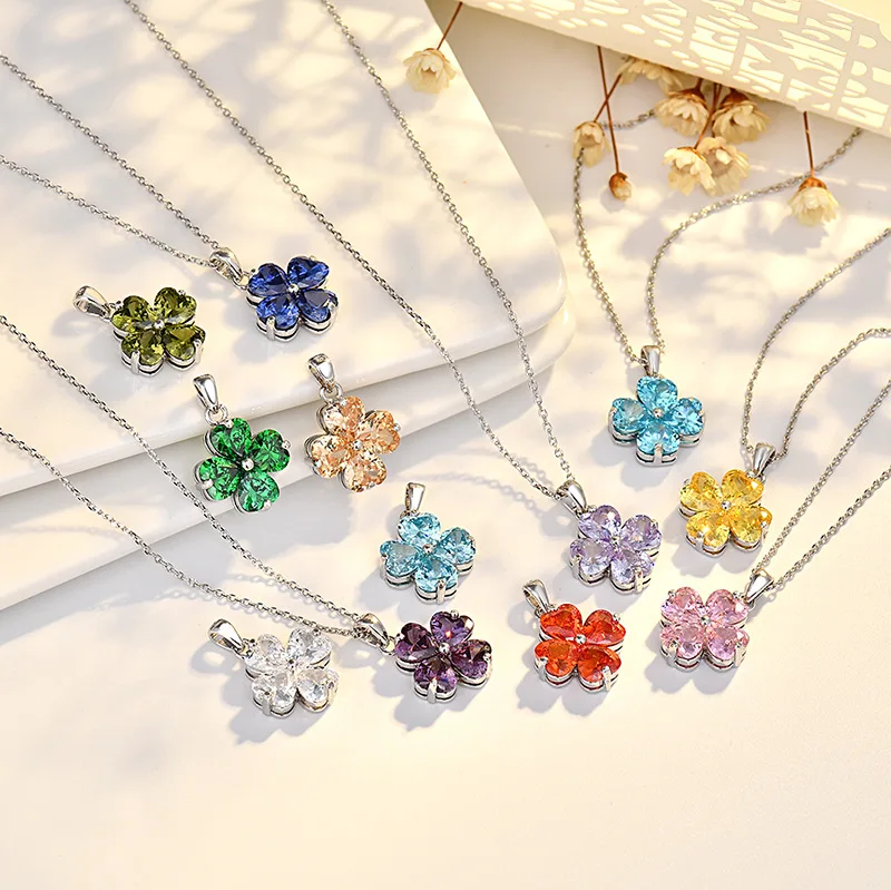 Advanced 12 Months Star Stone Four Leaf Clover Zircon Inlay Pendant Clavicle Chain Necklace Jewelry for Women