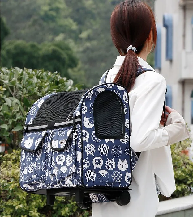 wholesale stock cheap Pet trolley  stroller dog cat trolley bag carrier with wheels backpack for dogs and cats
