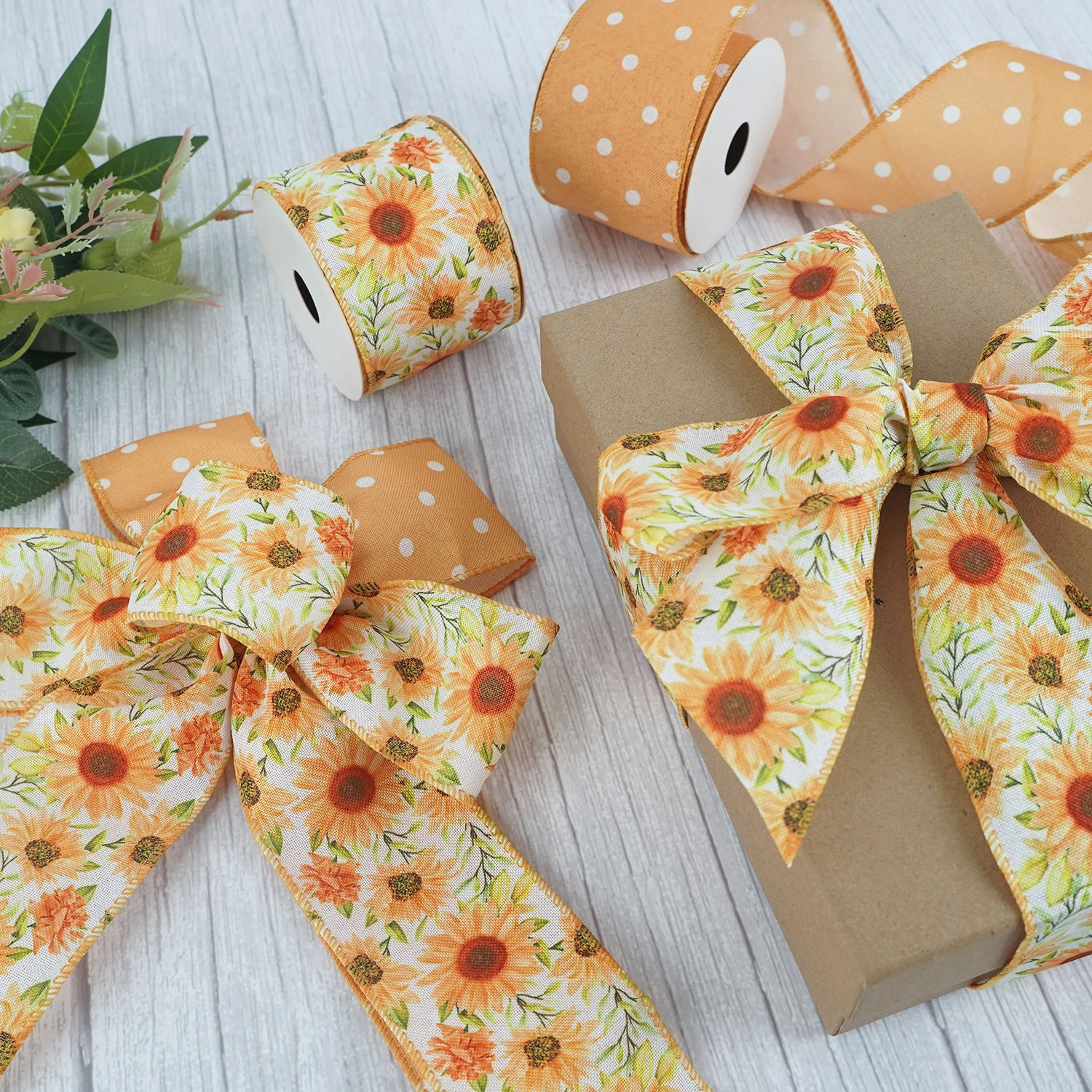 Custom Spring Sunflower Summer Flower Flaxen Dots Garland Wired Edge Ribbon For Wreath DIY Crafting Gift Wrapping Party Decor