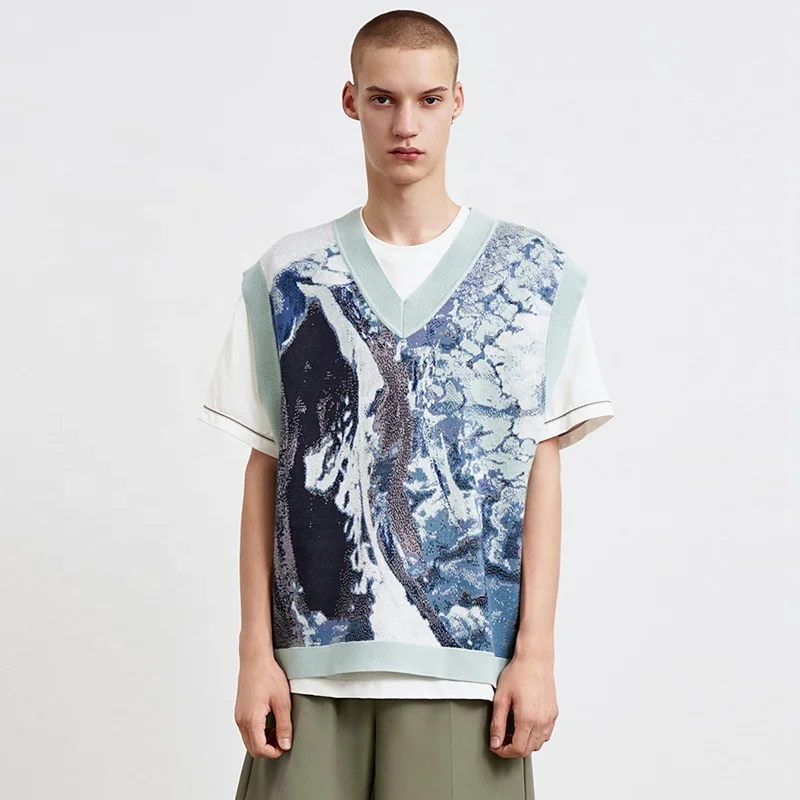 FYB V Neck High Quality Jumper Pullover Mountain Print Jacquard Knitted Mens Sleeveless knit custom Sweater