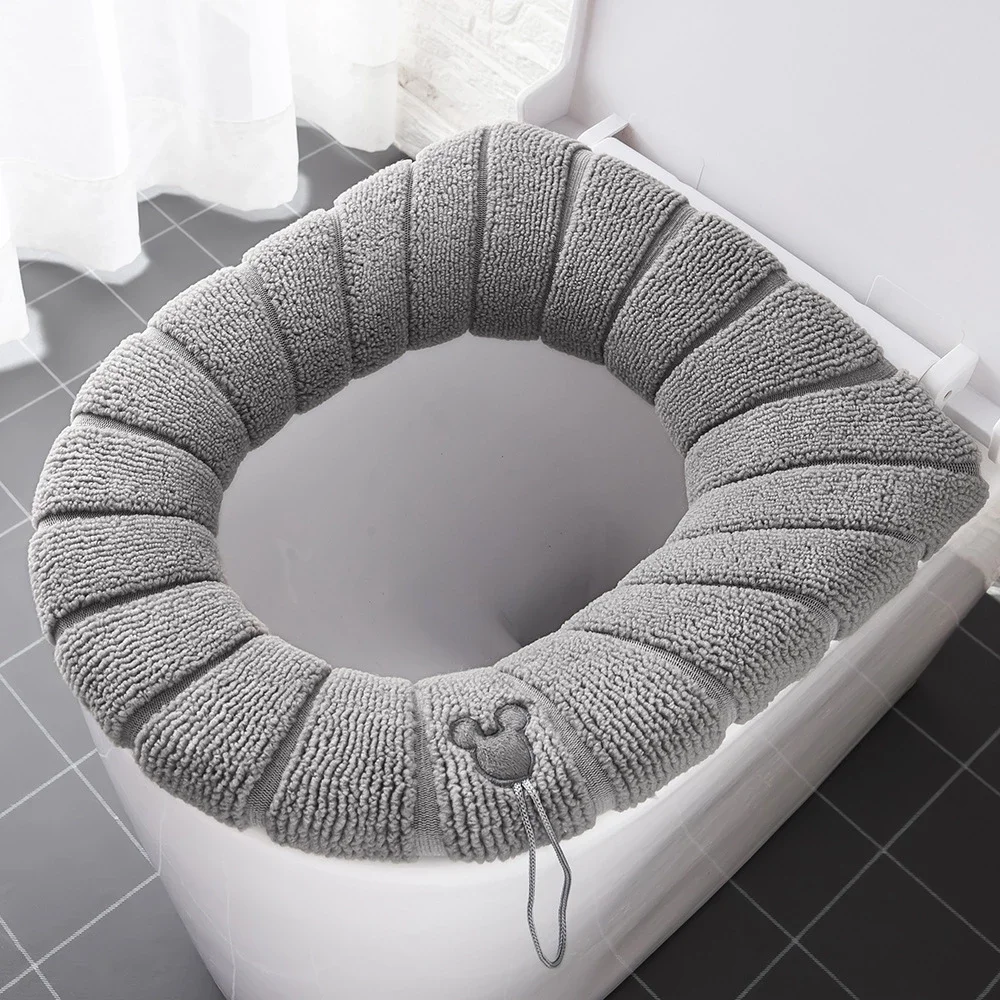 Winter Warm Toilet Seat Cover Closestool Mat 1Pcs Washable Bathroom Accessories Knitting Pure Color Soft O-shape Pad Bidet Cover