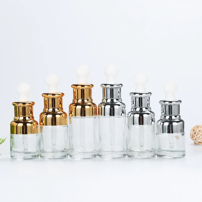 Wholesale 20ml 30ml 50ml Luxury Cosmetic Glass Dropper Bottle With Golden Silver Dropper Lid for Essential Oil Serum