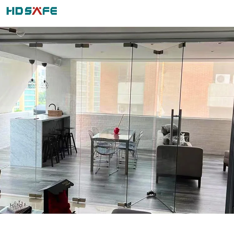 HDSAFE 8/10/12mm tempered frameless glass folding door system glass partition stainless steel hinge stack sliding bi fold door