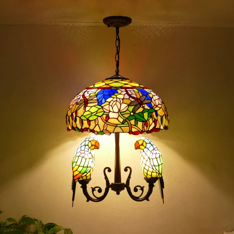 Tiffany parrot Chandelier LED Vintage Creative Color Glass Pendant Lamp Decor for Home Living Room Bedroom Hotel