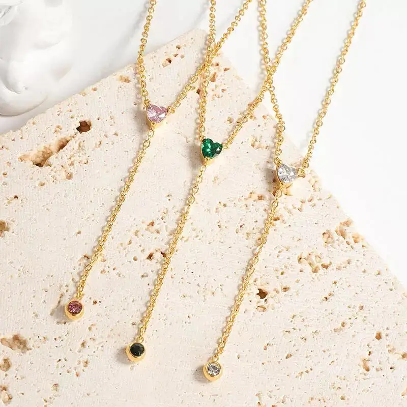 Wholesale Custom 18K Gold Plated Stainless Steel Jewelry Red Ruby Diamond Garnet Emerald Stone Heart Zirconia Pendant Necklace