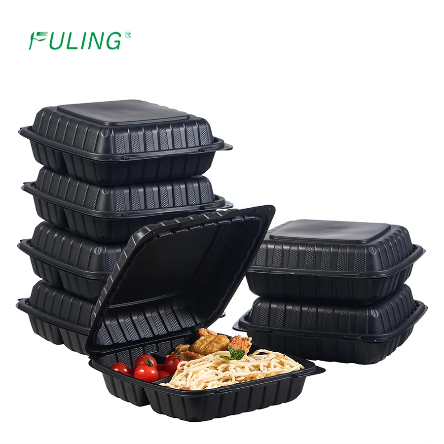 FULING Restaurant 9x9 inch 3 compartment MFPP Hinged Container r Disposable Eco Friendly Clamshell Takeout Food Container