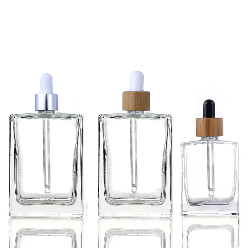 New Product 50ml 100ml Rectangular bamboo Dropper bottles square flat glass bottle for cosmetic packaging (GFD01-C)