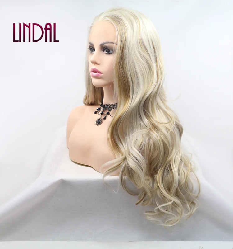 LINDAL long wavy blonde highlight gold synthetic lace front wigs piano color wavy with heat resistant fiber for women drag queen