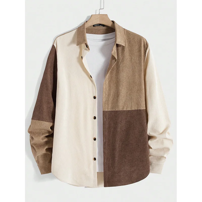 m818-1 Custom Men Color Block Corduroy Long Sleeve Shirt for Men