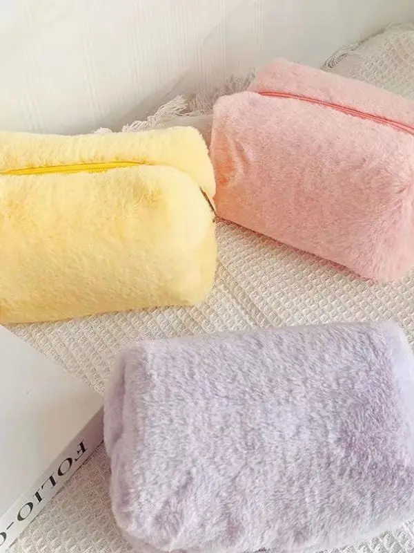 Macaron Faux Fur Female Women Sweet Soft Waxy Portable Makeup Cosmetic make up bag custom plush Pen bag Handbag