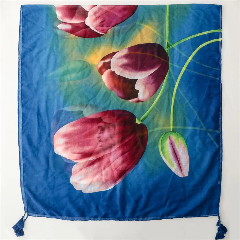 New Elegant Ink Flower Print Cotton Feeling Scarves Beach Shawls For Women 180*90CM Cotton Voile Scarf Muslim Hijabs With Tassel