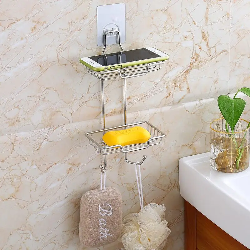 High quality stainless steel square double soap holder with hook is easy to use