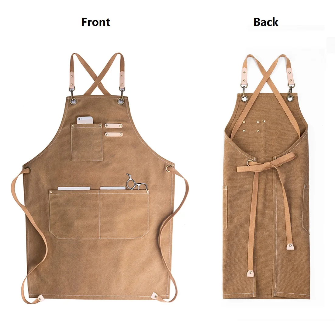 Custom Design Durable Cotton Canvas Baker Apron Bartender Bib with Tool Pockets