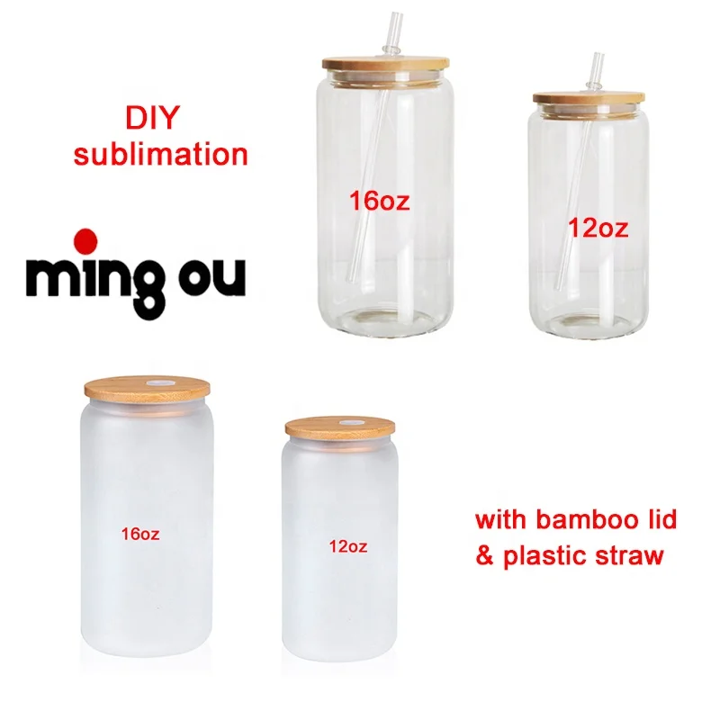 Bamboo Lid and clear Plastic Straw Glass Beer Can12oz 16oz Blank Sublimation Beer Glass Soda Can