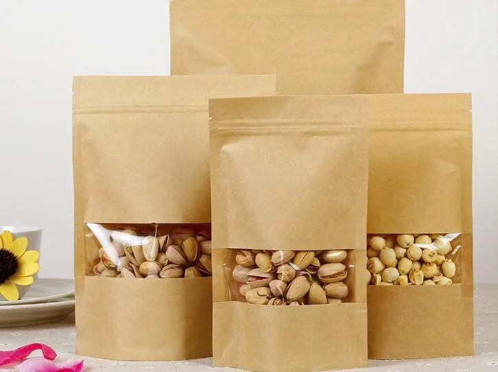 
Doypack Ziplock Brown Kraft Window Stand Up Pouches Zipper Bags With Tear Notches 