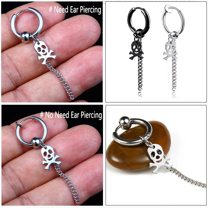 Punk Silver Black Gun Plated Stainless Steel Scorpion Cross Skull Pendant Men Cuff Ear Clip Non Piercing Earring Jewelry