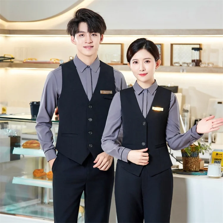wholesale bar catering hotel restaurant cafe logo custom workwear solid working staff uniform waiter waitress waistcoat vest