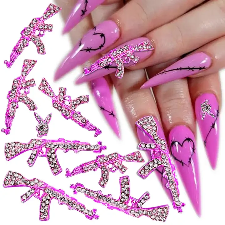 Pink 3D Crystal Rhinestones AK Gun Shape Punk Style Manicure DIY Nail Art Jewelry Alloy Metal Nail  Charms Decorations