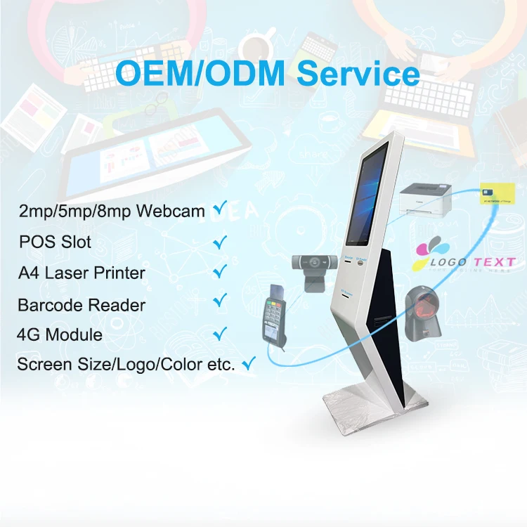 Freestanding 21.5 Inch Android Aio Touch Screen Queue Kiosk With Pos Barcode Scanner Ticket Printer Options