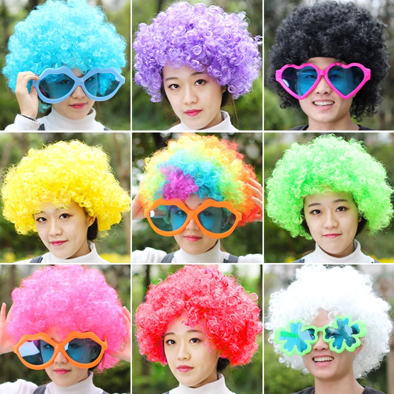 
Funny Wig Color Clown Headgear Children Funny Props Show Hair Funny White Show Green Curly synthetic Hair wigs free glasses 