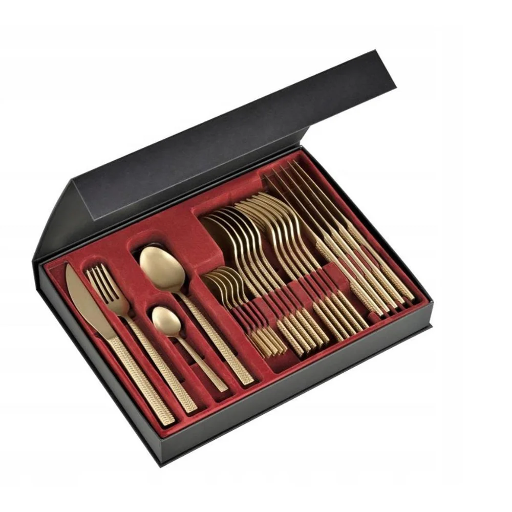 24 Piece Modern Woven Embossed Custom Design Stainless Steel 18/0 Metal Fork and Spoon Gold Color Cutlery Set With Gift Box