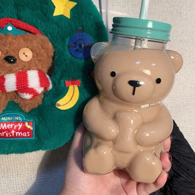 Bear Shaped Bottle 500ml Disposable PET Milk Tea Cup Plastic Juice Bottle