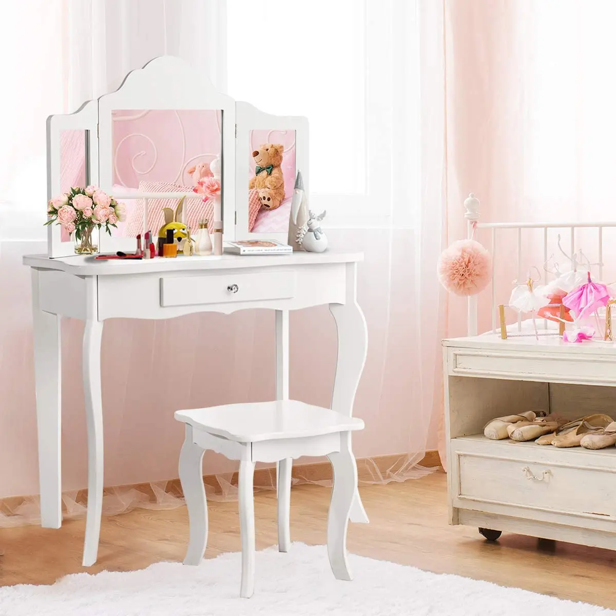 Detachable Design Kids Wooden Vanity Table and Stool Set Princess Makeup Dressing Table