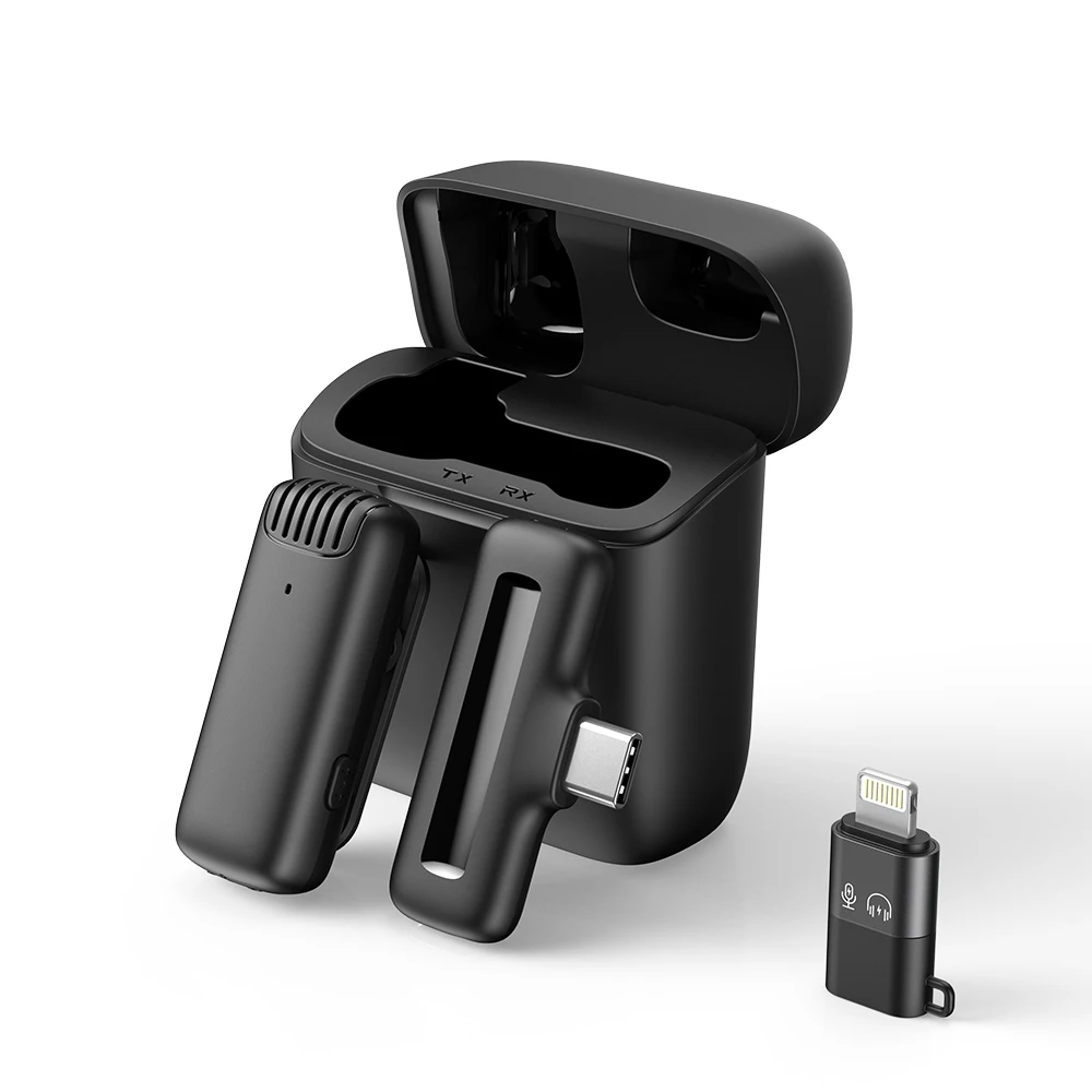 Wireless Lapel Lavalier Microphone Noise Reduction Live Interview Mobile Phone Recording Mic for iPhone Type C with Charging Box