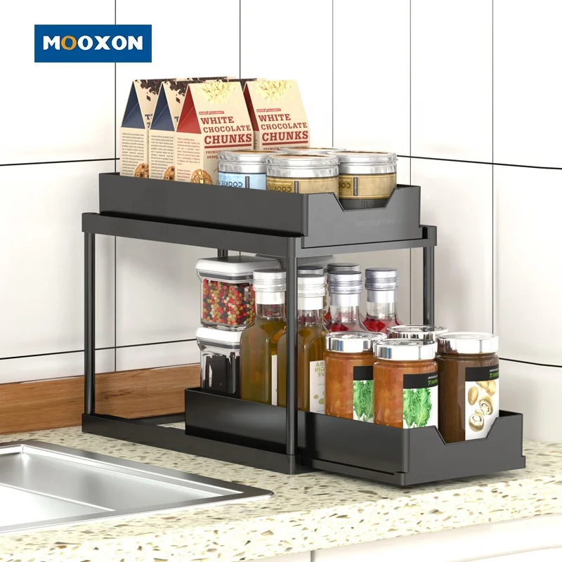 Wholesale ABS Plastic 2 Tier Sliding Undersink Storage Basket Rack Kitchen Shelf Under The Sink Organizer For Bathroom