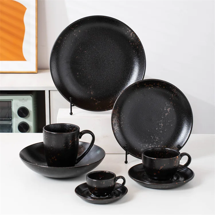 Retro Customized Logo Stoneware Restaurant Catering Round Steak Plates Black Ceramic Dinner Set for Hotel