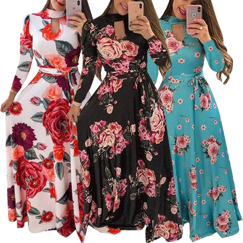 Женская модная обувь в богемном стиле с цветочным принтом и длинными рукавами с круглым вырезом и принтом Макси платье пляжное платье для маленьких девочек в винтажном стиле; Платья больших размеров (S-5XL)