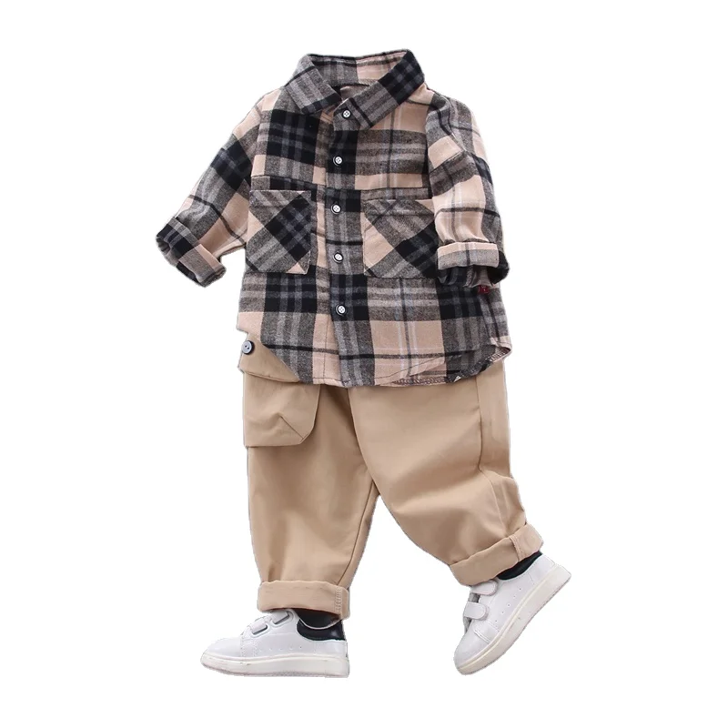 
Wholesales children clothes sets kids long sleeve casual plaid shirt jeans 2Pcs suits for kids boys 