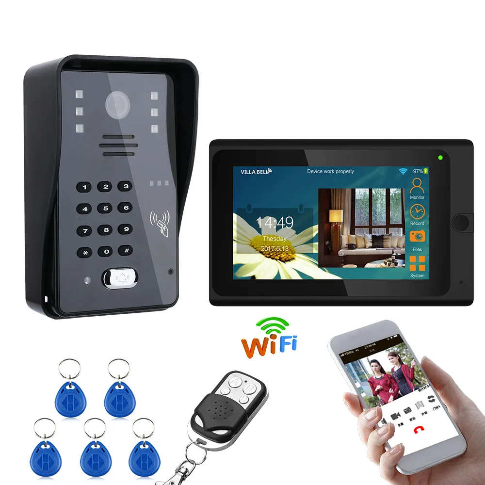 wholesale 7inch screen Wireless Wifi RFID Video Door Phone Doorbell Intercom System with 1000TVL Wired Camera for home security