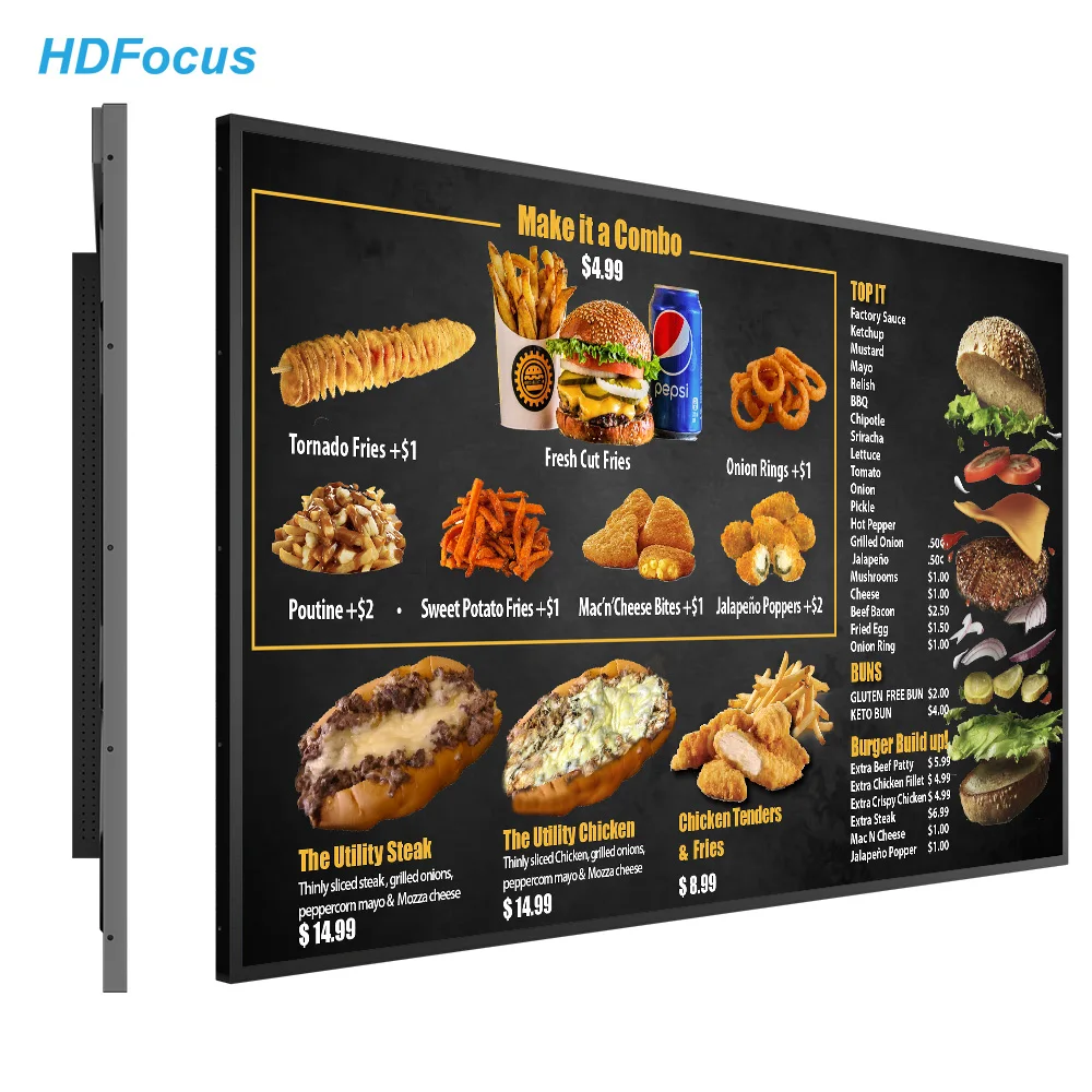 Hanging Wall Mounted HD Screen 55Inch Lcd Digital Signage And Display Digital Menu Board For Coffee House Fast Food Stores