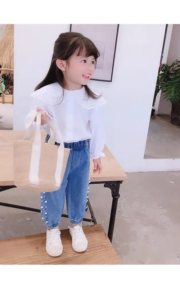 
2020 autumn Korean kids children beaded light-colored beam casual trousers pearl Girls long jeans 