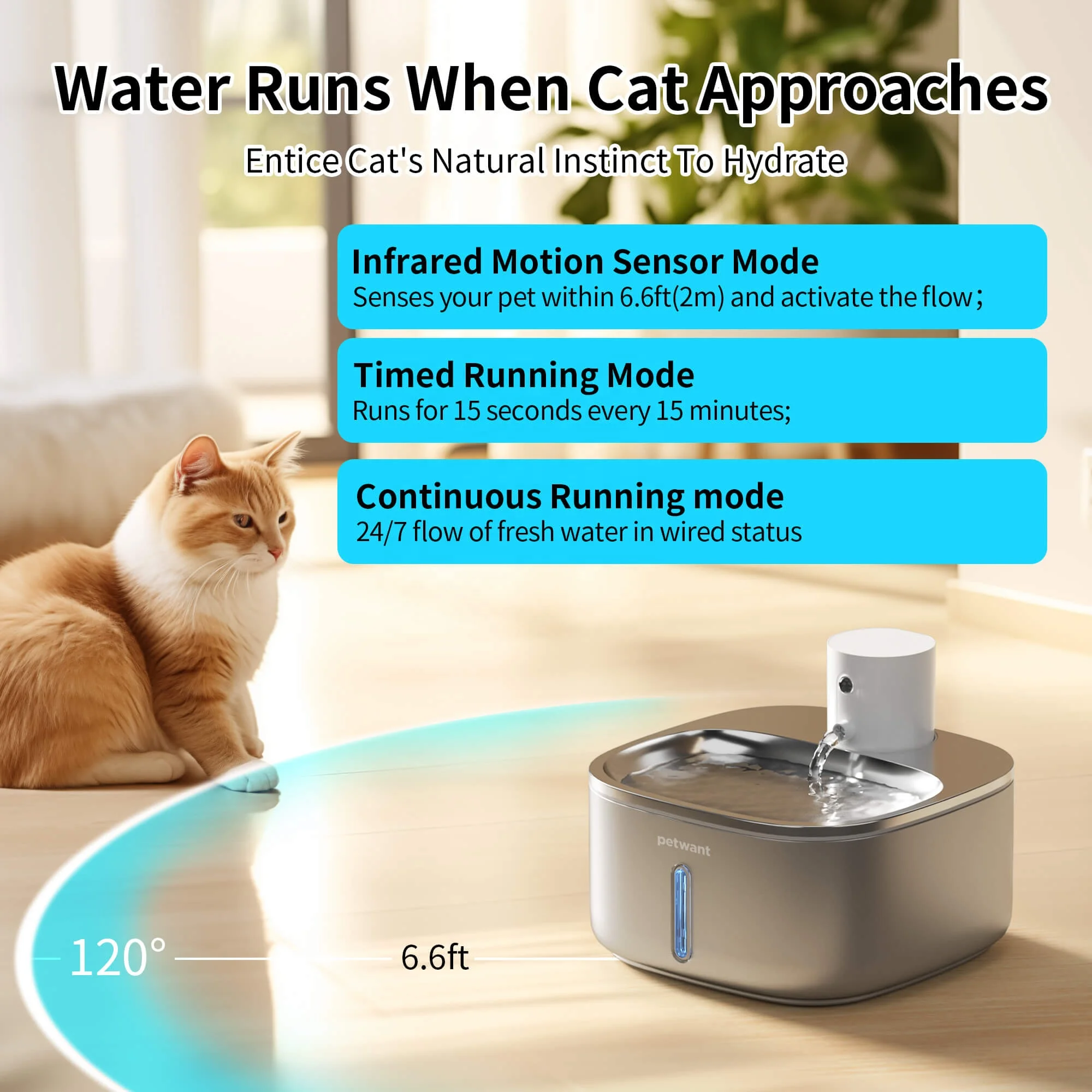 Petwant 3.2L Stainless Steel Wireless Battery Operated Pets Drinking Water Fountain for Small Animals Dogs Cats